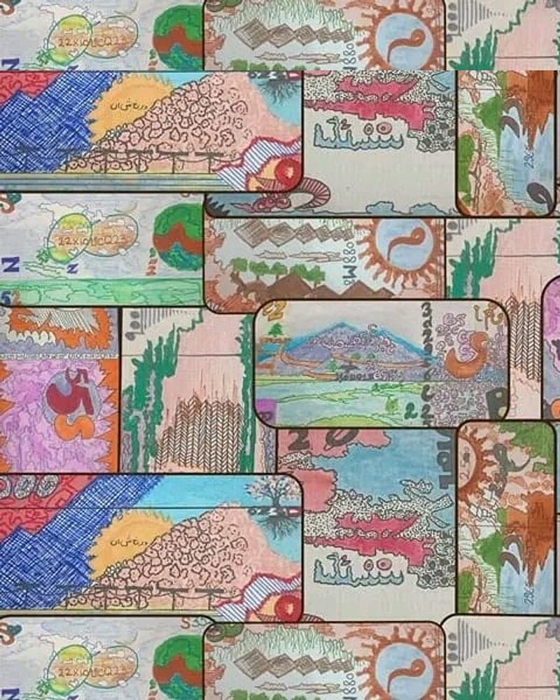 Detail from the artist’s collage of overlapping hand-painted banknote panels. A placeholder — not a photograph of this piece.
