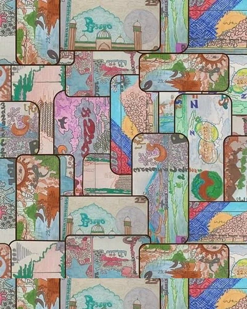 Detail from the artist’s collage of overlapping hand-painted banknote panels. A placeholder — not a photograph of this piece.